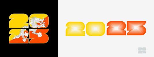 Year 2025 with flag of Bhutan and in color palate of Bhutan flag. Happy New Year 2025 in two different style. vector