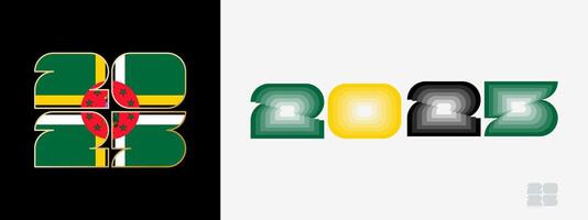 Year 2025 with flag of Dominica and in color palate of Dominica flag. Happy New Year 2025 in two different style. vector