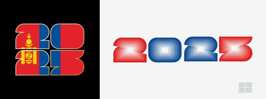 Year 2025 with flag of Mongolia and in color palate of Mongolia flag. Happy New Year 2025 in two different style. vector