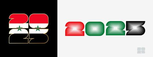 Year 2025 with flag of Syria and in color palate of Syria flag. Happy New Year 2025 in two different style. vector