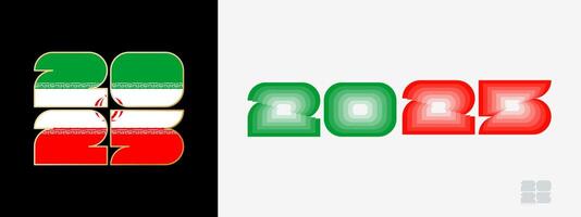 Year 2025 with flag of Iran and in color palate of Iran flag. Happy New Year 2025 in two different style. vector