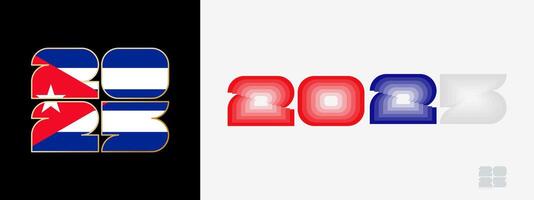 Year 2025 with flag of Cuba and in color palate of Cuba flag. Happy New Year 2025 in two different style. vector