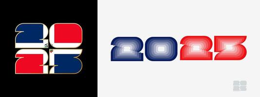 Year 2025 with flag of Dominican Republic and in color palate of Dominican Republic flag. Happy New Year 2025 in two different style. vector