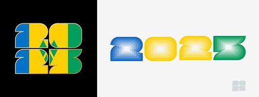 Year 2025 with flag of Saint Vincent and the Grenadines and in color palate of Saint Vincent and the Grenadines flag. Happy New Year 2025 in two different style. vector