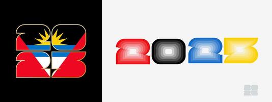Year 2025 with flag of Antigua and Barbuda and in color palate of Antigua and Barbuda flag. Happy New Year 2025 in two different style. vector