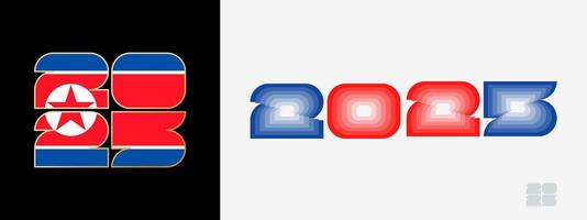 Year 2025 with flag of North Korea and in color palate of North Korea flag. Happy New Year 2025 in two different style. vector