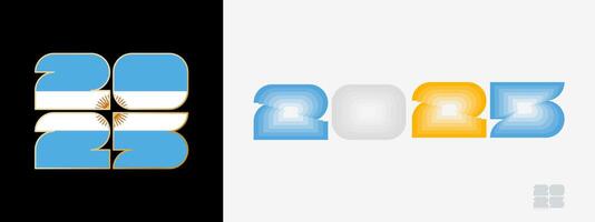 Year 2025 with flag of Argentina and in color palate of Argentina flag. Happy New Year 2025 in two different style. vector