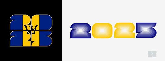 Year 2025 with flag of Barbados and in color palate of Barbados flag. Happy New Year 2025 in two different style. vector