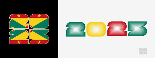 Year 2025 with flag of Grenada and in color palate of Grenada flag. Happy New Year 2025 in two different style. vector