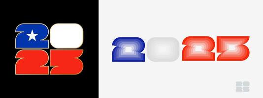 Year 2025 with flag of Chile and in color palate of Chile flag. Happy New Year 2025 in two different style. vector