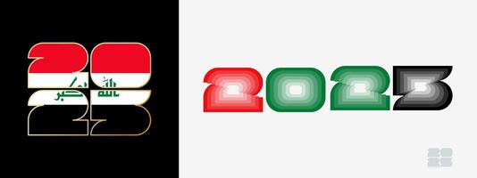 Year 2025 with flag of Iraq and in color palate of Iraq flag. Happy New Year 2025 in two different style. vector