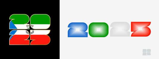 Year 2025 with flag of Equatorial Guinea and in color palate of Equatorial Guinea flag. Happy New Year 2025 in two different style. vector