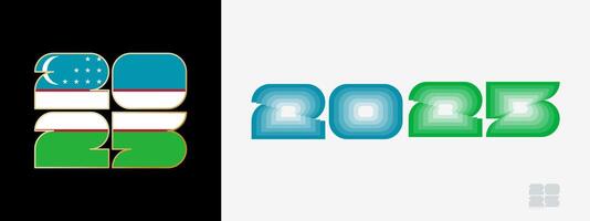 Year 2025 with flag of Uzbekistan and in color palate of Uzbekistan flag. Happy New Year 2025 in two different style. vector