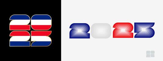 Year 2025 with flag of Costa Rica and in color palate of Costa Rica flag. Happy New Year 2025 in two different style. vector