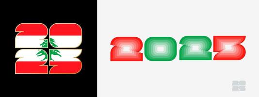 Year 2025 with flag of Lebanon and in color palate of Lebanon flag. Happy New Year 2025 in two different style. vector