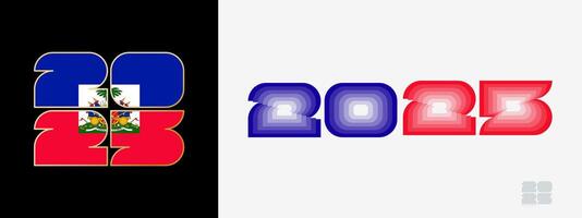Year 2025 with flag of Haiti and in color palate of Haiti flag. Happy New Year 2025 in two different style. vector