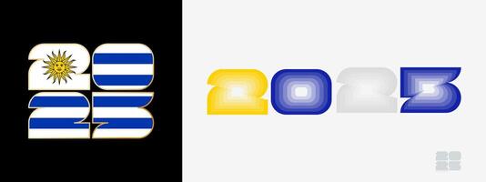 Year 2025 with flag of Uruguay and in color palate of Uruguay flag. Happy New Year 2025 in two different style. vector