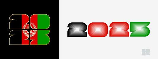Year 2025 with flag of Afghanistan and in color palate of Afghanistan flag. Happy New Year 2025 in two different style. vector