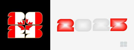 Year 2025 with flag of Canada and in color palate of Canada flag. Happy New Year 2025 in two different style. vector