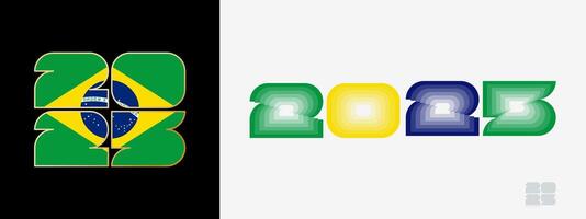 Year 2025 with flag of Brazil and in color palate of Brazil flag. Happy New Year 2025 in two different style. vector