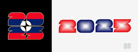 Year 2025 with flag of Laos and in color palate of Laos flag. Happy New Year 2025 in two different style. vector