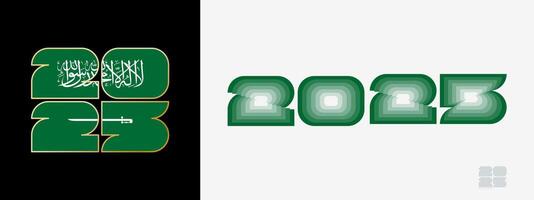 Year 2025 with flag of Saudi Arabia and in color palate of Saudi Arabia flag. Happy New Year 2025 in two different style. vector