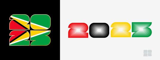 Year 2025 with flag of Guyana and in color palate of Guyana flag. Happy New Year 2025 in two different style. vector