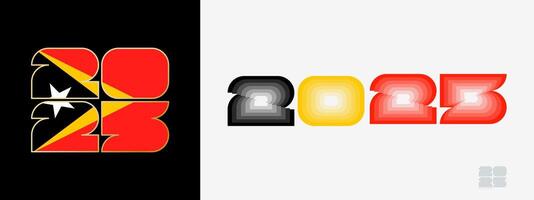Year 2025 with flag of East Timor and in color palate of East Timor flag. Happy New Year 2025 in two different style. vector