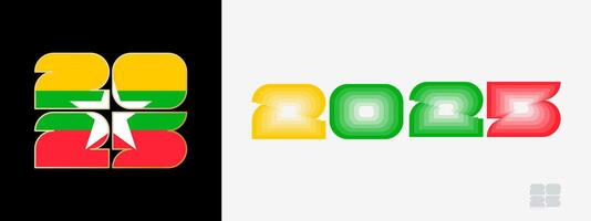 Year 2025 with flag of Myanmar and in color palate of Myanmar flag. Happy New Year 2025 in two different style. vector