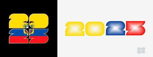 Year 2025 with flag of Ecuador and in color palate of Ecuador flag. Happy New Year 2025 in two different style. vector