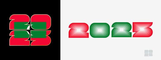 Year 2025 with flag of Maldives and in color palate of Maldives flag. Happy New Year 2025 in two different style. vector