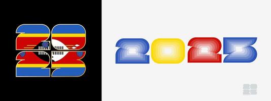 Year 2025 with flag of Swaziland and in color palate of Swaziland flag. Happy New Year 2025 in two different style. vector