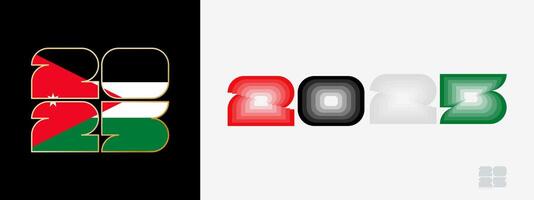 Year 2025 with flag of Jordan and in color palate of Jordan flag. Happy New Year 2025 in two different style. vector