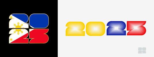 Year 2025 with flag of Philippines and in color palate of Philippines flag. Happy New Year 2025 in two different style. vector