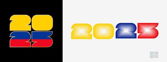 Year 2025 with flag of Colombia and in color palate of Colombia flag. Happy New Year 2025 in two different style. vector