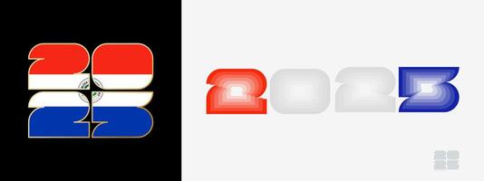 Year 2025 with flag of Paraguay and in color palate of Paraguay flag. Happy New Year 2025 in two different style. vector