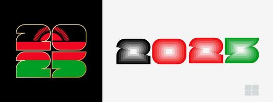 Year 2025 with flag of Malawi and in color palate of Malawi flag. Happy New Year 2025 in two different style. vector