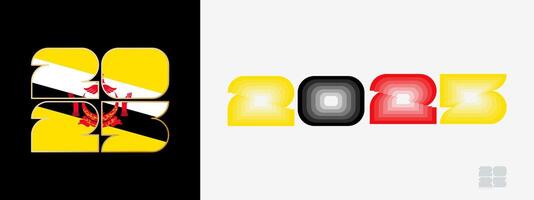 Year 2025 with flag of Brunei and in color palate of Brunei flag. Happy New Year 2025 in two different style. vector