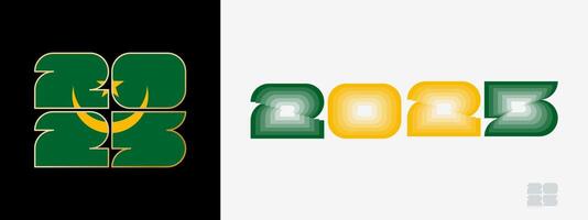 Year 2025 with flag of Mauritania and in color palate of Mauritania flag. Happy New Year 2025 in two different style. vector