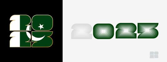 Year 2025 with flag of Pakistan and in color palate of Pakistan flag. Happy New Year 2025 in two different style. vector