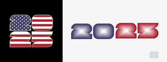Year 2025 with flag of USA and in color palate of USA flag. Happy New Year 2025 in two different style. vector