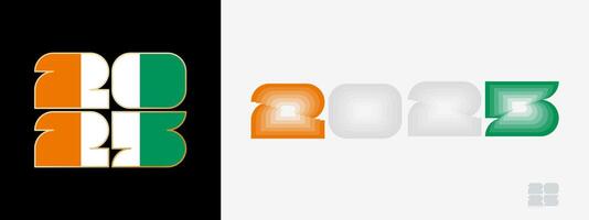 Year 2025 with flag of Ivory Coast and in color palate of Ivory Coast flag. Happy New Year 2025 in two different style. vector