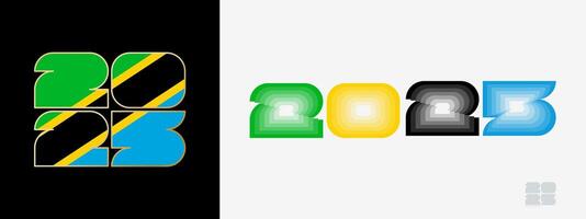 Year 2025 with flag of Tanzania and in color palate of Tanzania flag. Happy New Year 2025 in two different style. vector