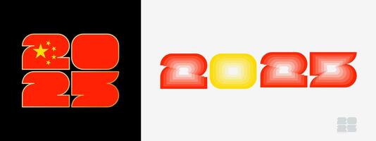 Year 2025 with flag of China and in color palate of China flag. Happy New Year 2025 in two different style. vector