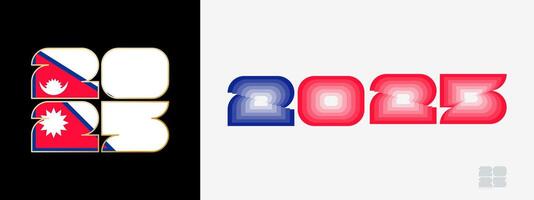 Year 2025 with flag of Nepal and in color palate of Nepal flag. Happy New Year 2025 in two different style. vector