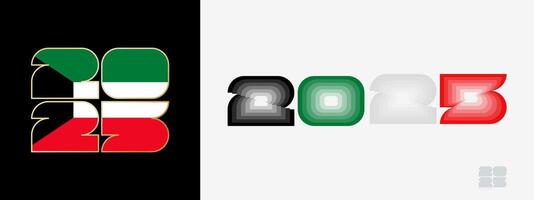 Year 2025 with flag of Kuwait and in color palate of Kuwait flag. Happy New Year 2025 in two different style. vector