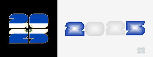 Year 2025 with flag of El Salvador and in color palate of El Salvador flag. Happy New Year 2025 in two different style. vector