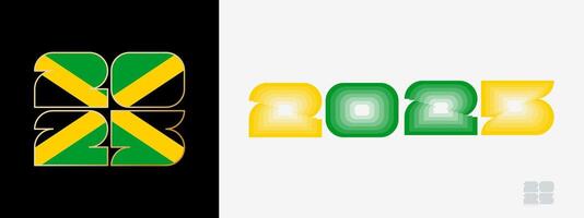 Year 2025 with flag of Jamaica and in color palate of Jamaica flag. Happy New Year 2025 in two different style. vector
