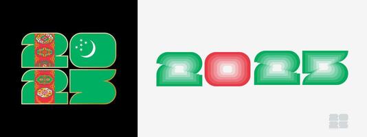 Year 2025 with flag of Turkmenistan and in color palate of Turkmenistan flag. Happy New Year 2025 in two different style. vector