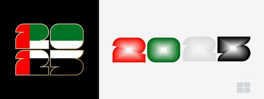 Year 2025 with flag of United Arab Emirates and in color palate of United Arab Emirates flag. Happy New Year 2025 in two different style. vector